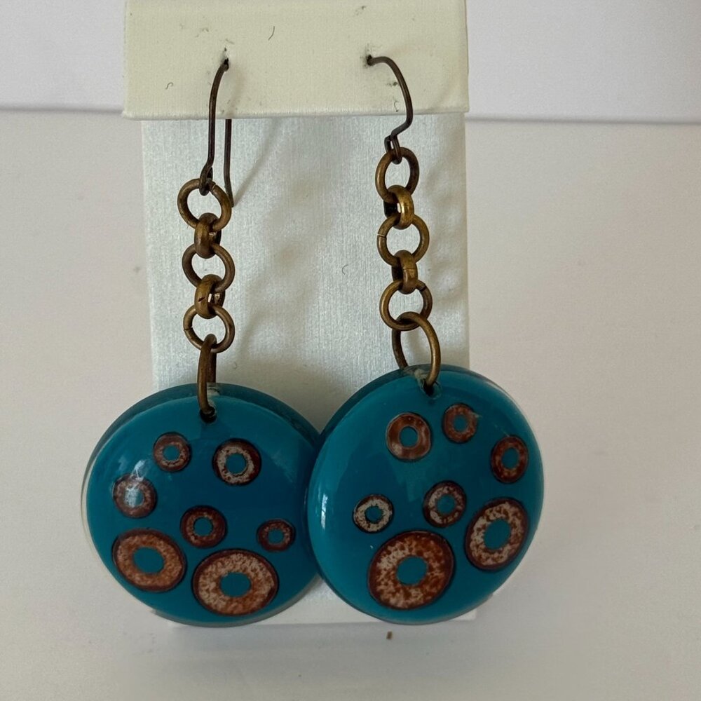Turquoise Circle Drop Earrings With Bronze Chain Accents Patterns